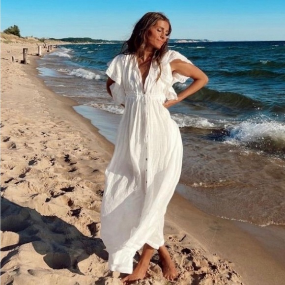 White Sands Gauze Boho Button Flutter Maxi Butterfly Arms Dress/ Coverup - Picture 11 of 14